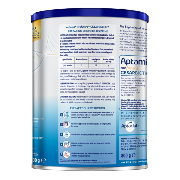 Sữa Aptamil Profutura Cesarbiotik New Zealand số 2, 800g dành cho bé 12 - 24 tháng tuổi