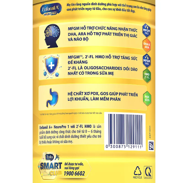 Sữa Enfamil A+ NeuroPro HMO Số 1 vị thanh mát (830G) cho bé từ 0-6 tháng tuổi