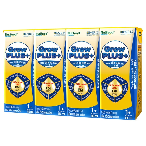 Sữa uống dinh dưỡng Nutifood GrowPLUS+ 180ml Vàng cho bé trên 1 tuổi (vỉ 4 hộp)