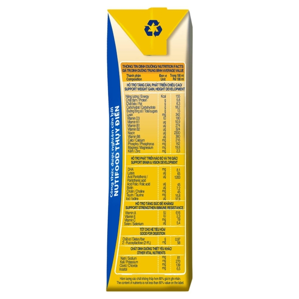 Sữa uống dinh dưỡng Nutifood GrowPLUS+ 180ml Vàng cho bé trên 1 tuổi (vỉ 4 hộp)