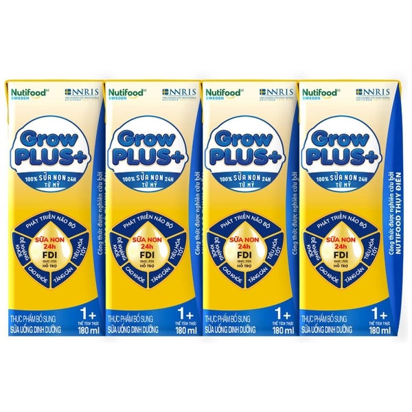 Sữa uống dinh dưỡng Nutifood GrowPLUS+ 180ml Vàng cho bé trên 1 tuổi (vỉ 4 hộp)