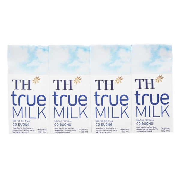 Sữa tươi tiệt trùng TH True Milk có đường 180ml cho bé trên 2 tuổi (vỉ 4 hộp)