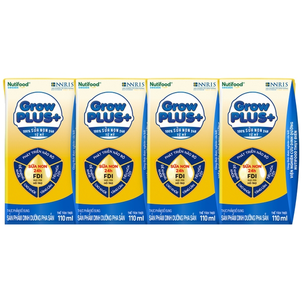 Sữa uống dinh dưỡng Nutifood GrowPLUS+ 110ml Vàng cho bé trên 1 tuổi (vỉ 4 hộp)