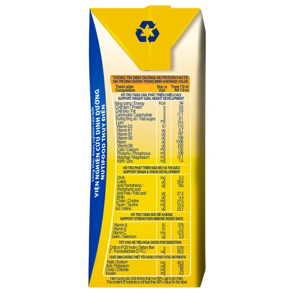 Sữa uống dinh dưỡng Nutifood GrowPLUS+ 110ml Vàng cho bé trên 1 tuổi (vỉ 4 hộp)