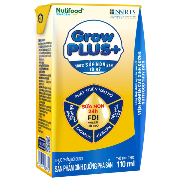 Sữa uống dinh dưỡng Nutifood GrowPLUS+ 110ml Vàng cho bé trên 1 tuổi (vỉ 4 hộp)