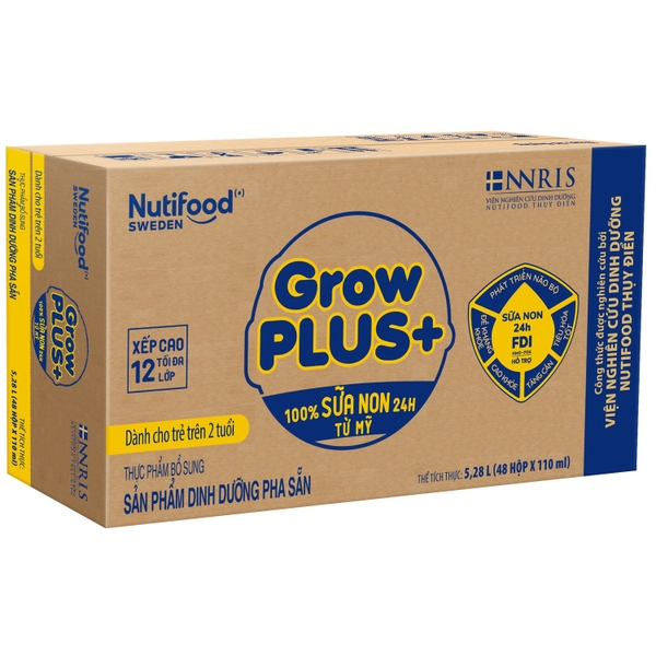Sữa uống dinh dưỡng Nutifood GrowPLUS+ 110ml Vàng cho bé trên 1 tuổi (vỉ 4 hộp)