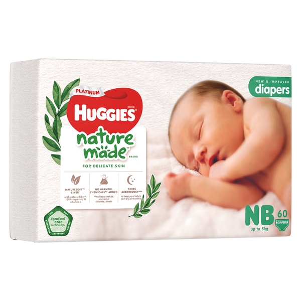 Bỉm - Tã dán Huggies Nature NewBorn 60 miếng (cho bé ~5g)