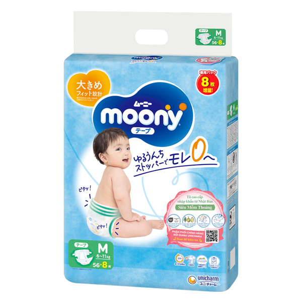 Bỉm - Tã dán Moony Xanh size M56 cộng 8 miếng (cho bé 6 - 11kg)