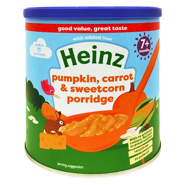 Bột Cháo bí đỏ, cà rốt & bắp ngọt-Heinz pumpkin, carrot & sweetcorn porridge 200mg cho bé trên 7 tháng