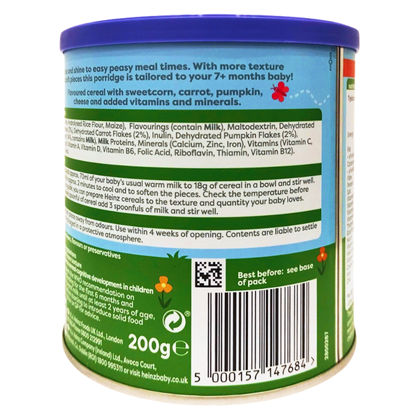 Bột Cháo bí đỏ, cà rốt & bắp ngọt-Heinz pumpkin, carrot & sweetcorn porridge 200mg cho bé trên 7 tháng