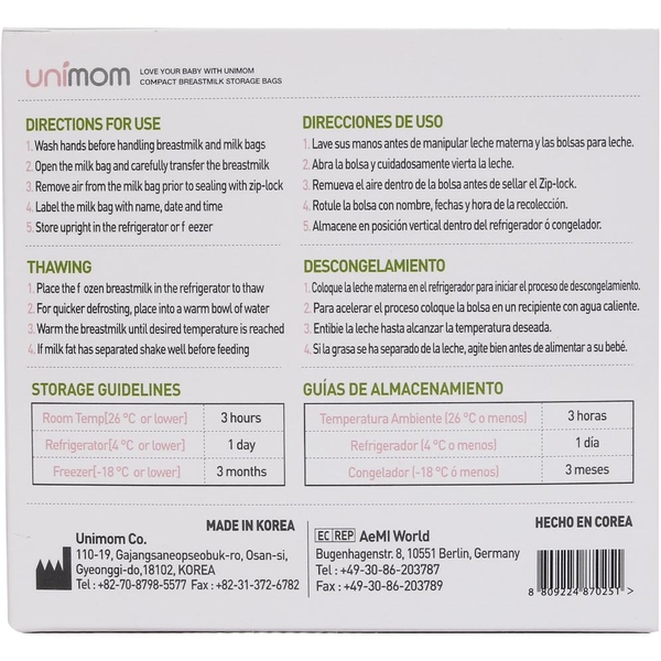 Túi trữ sữa Unimom Compact Không có BPA 210ml (Hộp 30 túi)