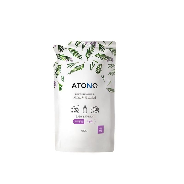 Nước rửa bình sữa, rau củ quả và chén bát thuần chay đậm đặc Atono2 dạng túi 480ml hương thảo, cho bé từ 0M+