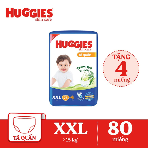 Bỉm - Tã quần Huggies Skin Care Tràm Trà Tự Nhiên size XXL76+4 miếng (cho bé 15 - 19kg)