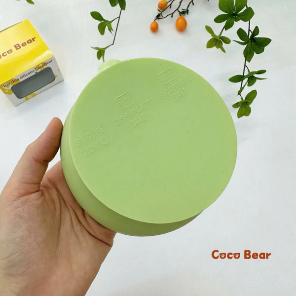 Bát silicone kèm thìa đế hít chống lật đổ Coco Bear cho bé ăn dặm khởi đầu (màu ngẫu nhiên)