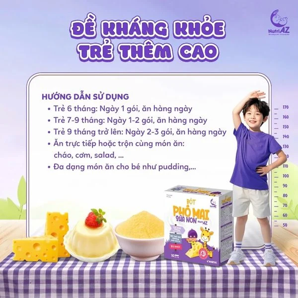 Bột Phô mai sữa non tách muối NutriAZ hộp 10 gói x 4g (6M+)