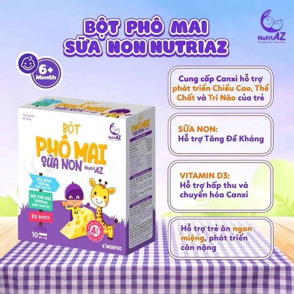Bột Phô mai sữa non tách muối NutriAZ hộp 10 gói x 4g (6M+)