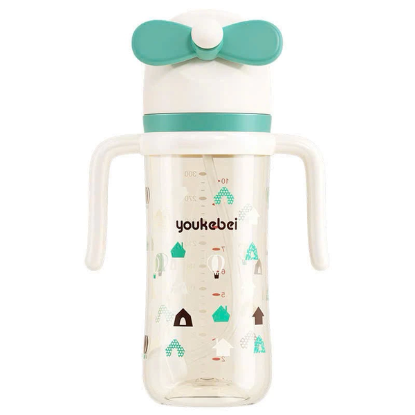 Bình nước tập hút, tập uống Youkebei có tay cầm, ống hút chống sặc 300ml (màu ngẫu nhiên)