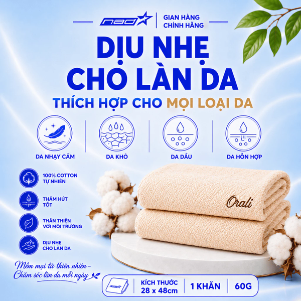 Khăn Mặt Cotton Orali Ecotton 100% Cotton Tự Nhiên Siêu Mềm, Thấm Hút Tốt, Dịu Nhẹ Cho Da