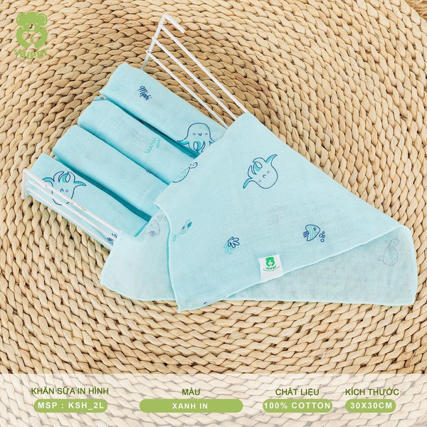 Khăn sữa in hình Mipbi 2 lớp Xanh 5 chiếc/gói