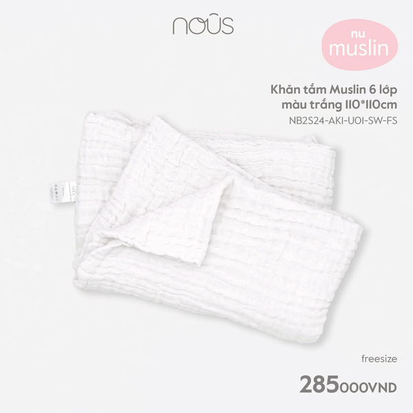 Khăn tắm Muslin Nous 6 lớp màu trắng 110x110cm
