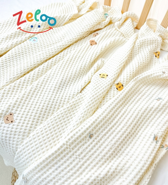 Chăn lưới sợi tre Zeloo xuất Hàn thêu full 100x90cm, màu ngẫu nhiên