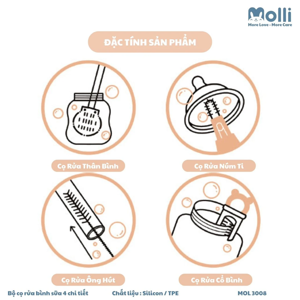 Bộ cọ bình sữa Molli chất liệu silicon 4 chi tiết cho bé (MOL 3008)