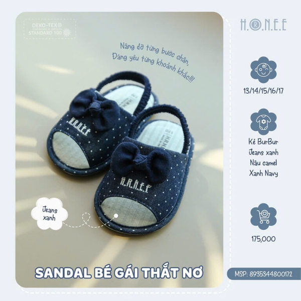 Dép Sandal Hrnee bé gái thắt nơ
