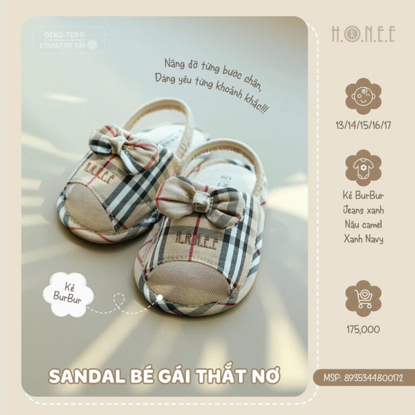 Dép Sandal Hrnee bé gái thắt nơ