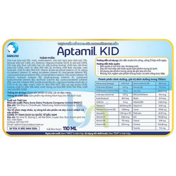 Sữa dinh dưỡng pha sẵn Aptamil Kid 110ml, lốc 3 hộp (Từ 1 tuổi)