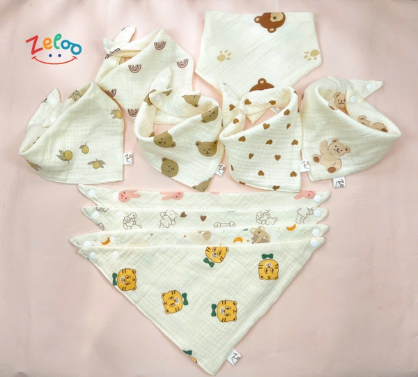 Set 5 yếm 4 lớp Muslin Organic Zeloo (họa tiết ngẫu nhiên)