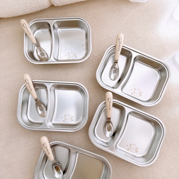 Khay inox 2 ngăn kèm thìa cho bé ăn dặm