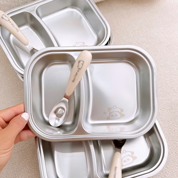 Khay inox 2 ngăn kèm thìa cho bé ăn dặm