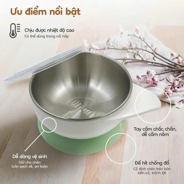 Bộ chén inox Farlin cách nhiệt kèm muỗng silicone mềm mại, có đế hít chống trơn và nắp đậy tiện lợi cho bé