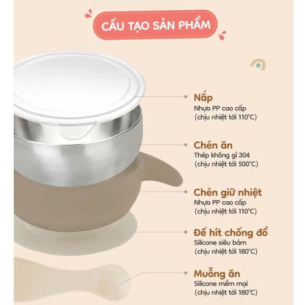 Bộ chén inox Farlin cách nhiệt kèm muỗng silicone mềm mại, có đế hít chống trơn và nắp đậy tiện lợi cho bé