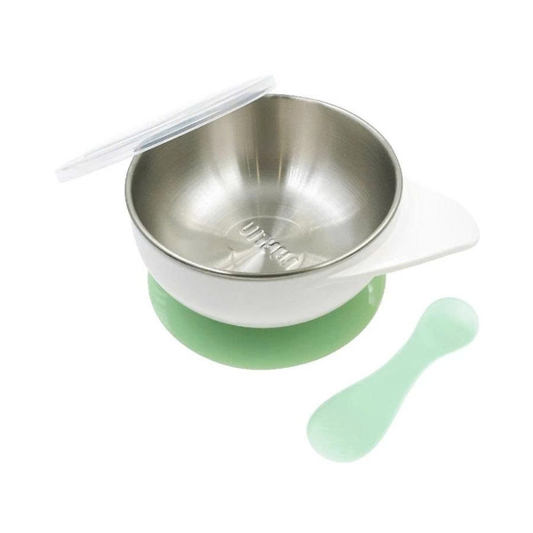 Bộ chén inox Farlin cách nhiệt kèm muỗng silicone mềm mại, có đế hít chống trơn và nắp đậy tiện lợi cho bé