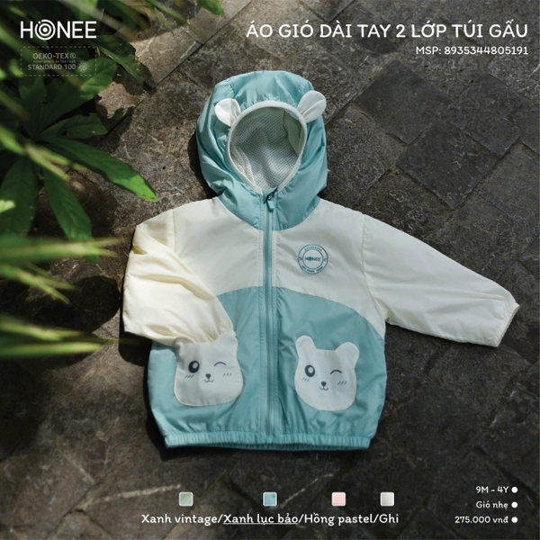 Áo gió dài tay 2 lớp túi gấu Honee