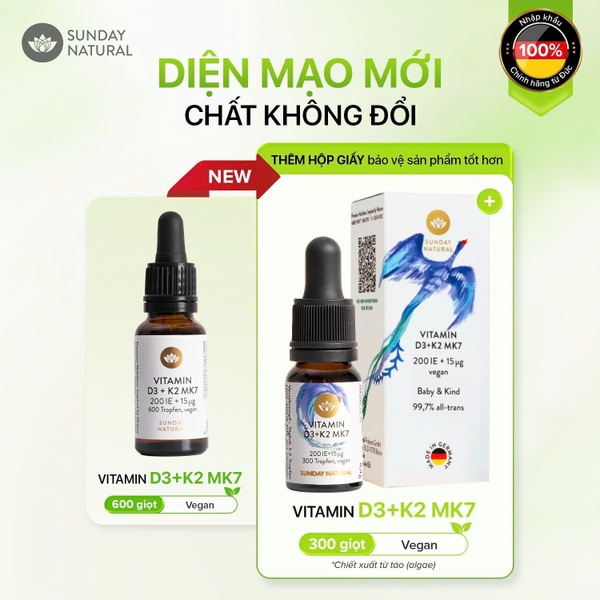 Vitamin D3K2 MK7 Sunday Natural Thuần Chay - Đức (0M-4Y), giao bì ngẫu nhiên