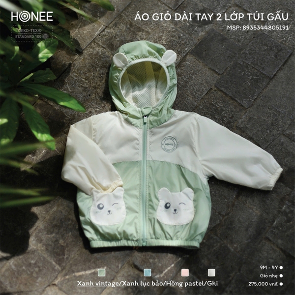 Áo gió dài tay 2 lớp túi gấu Honee