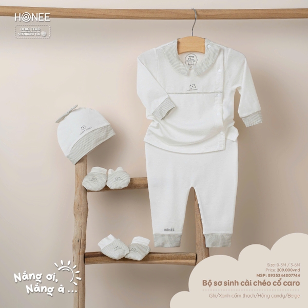 Bộ sơ sinh cài chéo cổ caro 7744 Honee