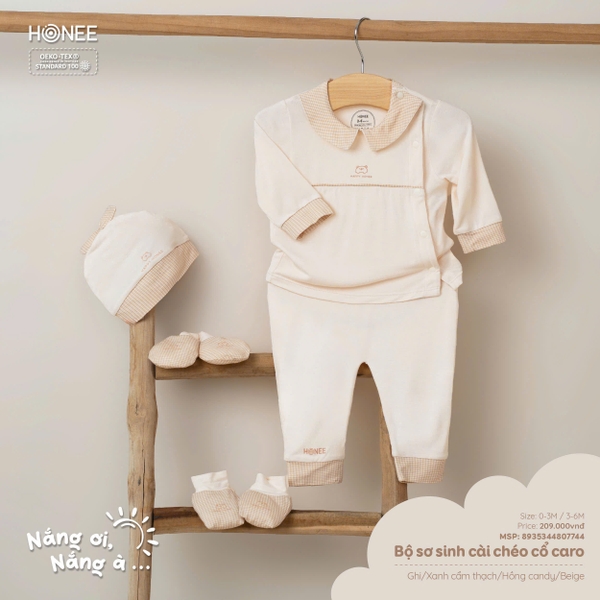 Bộ sơ sinh cài chéo cổ caro 7744 Honee