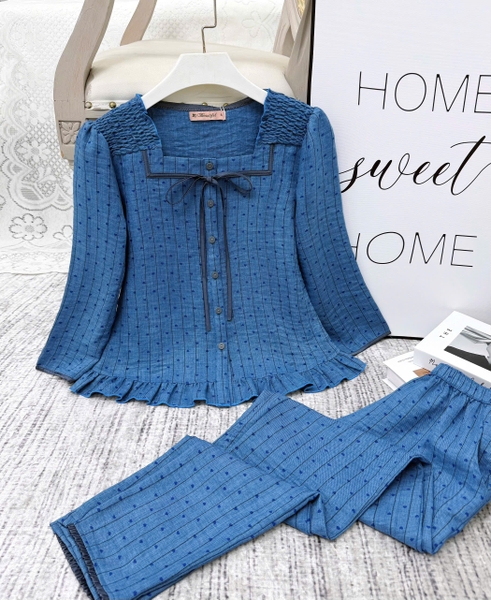 Y807G Đũi Vân tay lỡ XANH tim sọc cổ vuông dây buộc