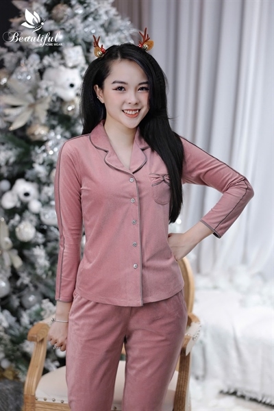 Y611B Nhung tuyết tay dài HỒNG trơn viền xám cổ PJM