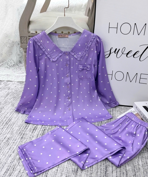 Y841B Lụa Satin tay lỡ TÍM chấm bi cổ bèo