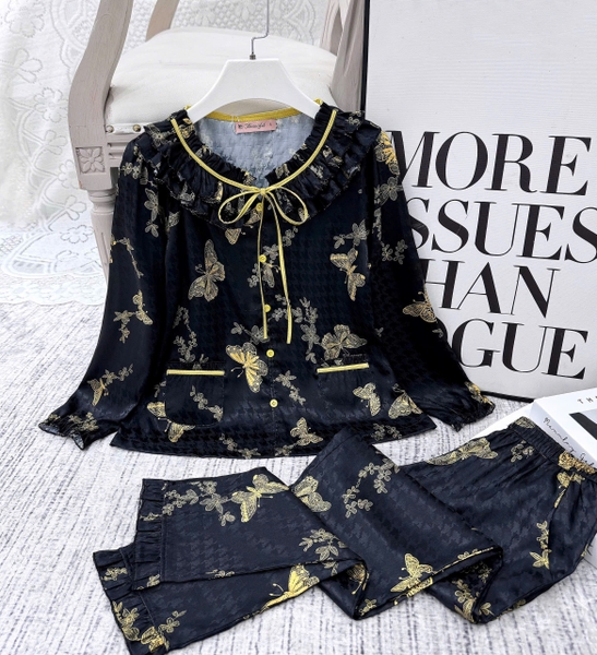 Y846A Lụa Gấm tay dài ĐEN hồ điệp cổ bèo dây buộc