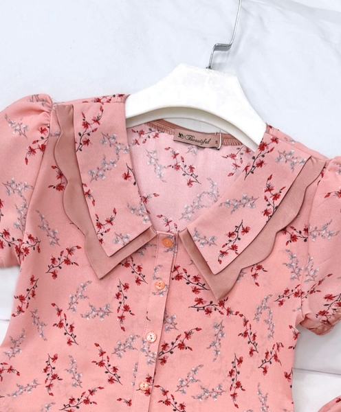 Y729A Lụa Hàn quần lỡ CAM hoa nhí cổ sen cúc