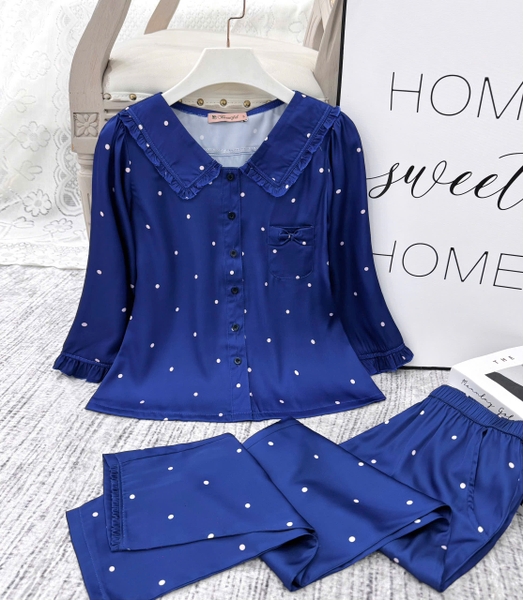 Y841A Lụa Satin tay lỡ XANH THAN chấm bi cổ bèo