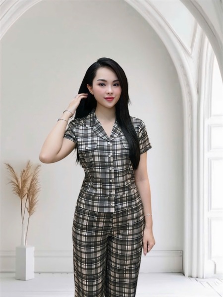 Y727B Lụa Mango quần xuông dài XANH KẺ PJM tay cộc