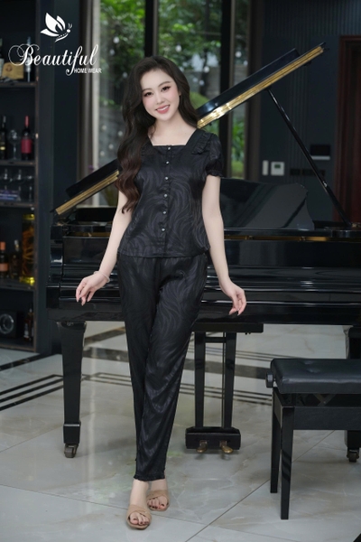 Y920D Lụa Gấm quần dài ĐEN vân lá nơ cổ vuông