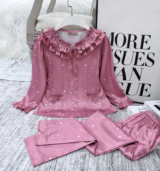Y846C Lụa Vân tay lỡ HỒNG chấm cổ bèo dây buộc