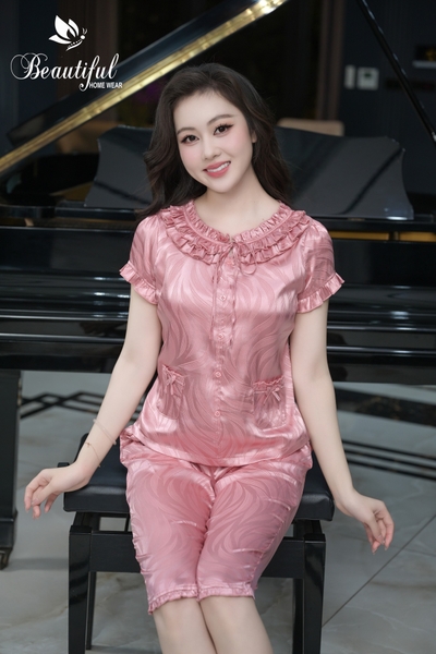 Y909D Lụa GẤM quần lửng HỒNG vân LÁ